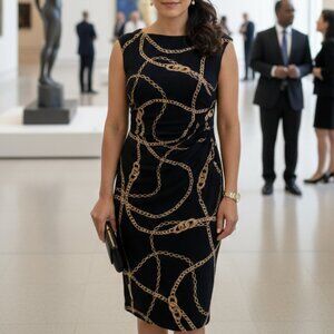 Lauren Ralph Lauren Dress Women sz 6 Black Gold Chain Print Classic Old Money